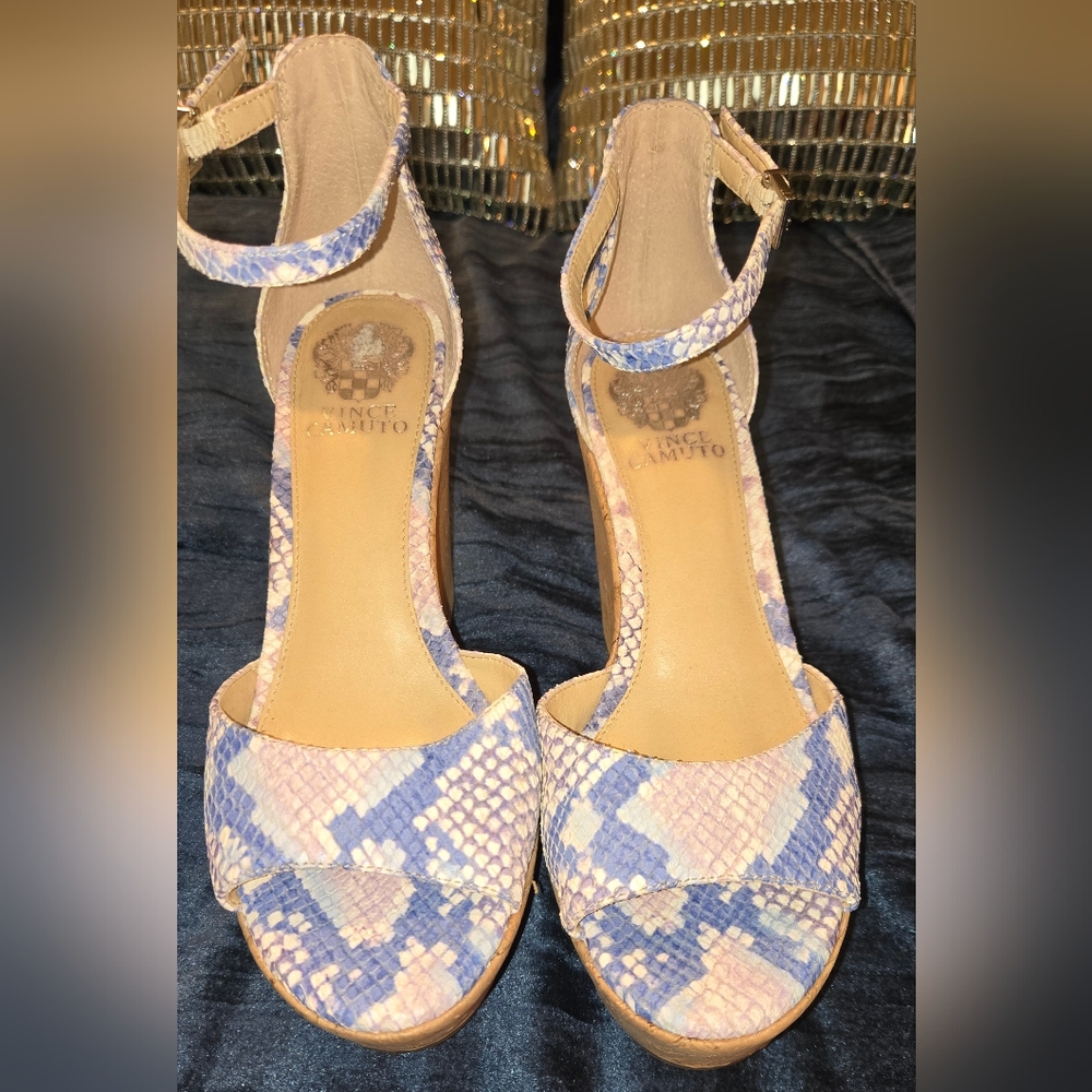 Blue and Cream Snakeskin Wedge Sandals